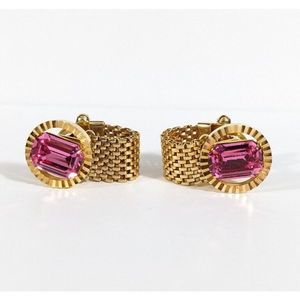 Rectangle Pink Rhinestone Round Mesh Wrap Gold Toned Cuff Links Vintage Retro